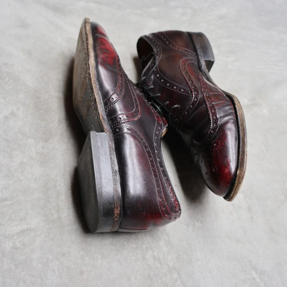 Johnston & Murphy Mens 9D Oxford Shoes Wine Leather Brogue Wingtip Dress 15-1133